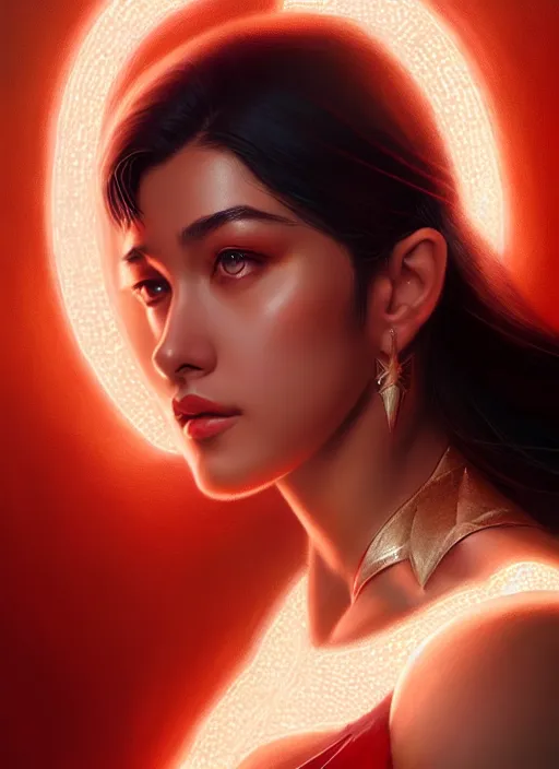 Prompt: portrait of darna liza soberano!, intricate, elegant, glowing lights, highly detailed, digital painting, artstation, glamor pose, concept art, smooth, sharp focus, illustration, art by wlop, mars ravelo and greg rutkowski