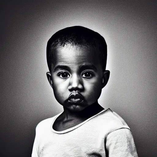 Image similar to the face of kanye west at 4 years old, portrait by julia cameron, chiaroscuro lighting, shallow depth of field, 8 0 mm, f 1. 8