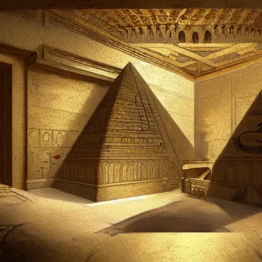 Image similar to an ancient egyptian treasure room entirely made of gold, concept art, architecture design, pyramids, art by greg rutkowski