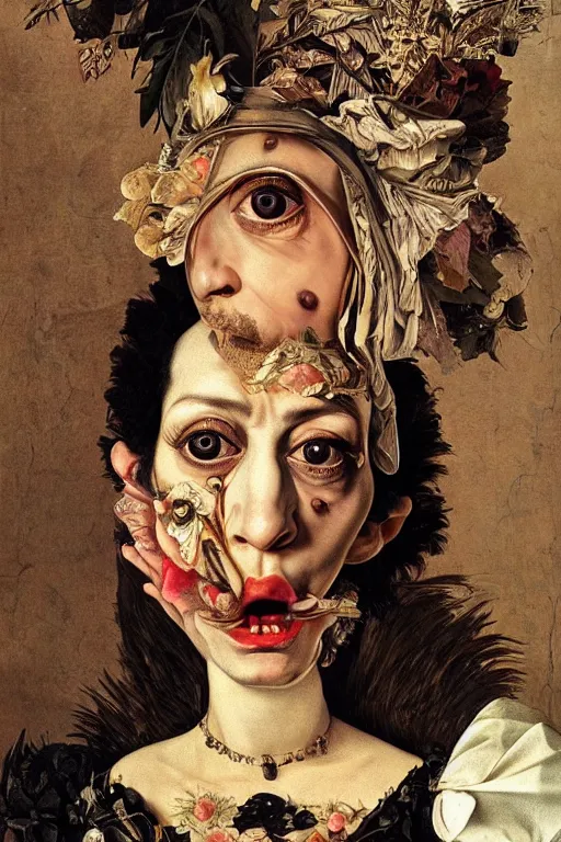 Image similar to Detailed maximalist portrait with large lips and with large eyes, angry, exasperated expression, HD mixed media, 3D collage, highly detailed and intricate illustration in the style of Caravaggio, dark art, baroque