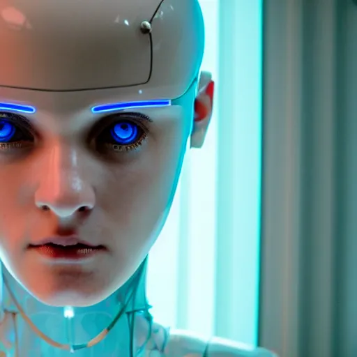 Prompt: cyberpunk humanoid robot from ex machina, neon blue glass forehead, transparent, see - through, gears and lights, cinematography by stanley kubrick, intricate, elegant, symmetry