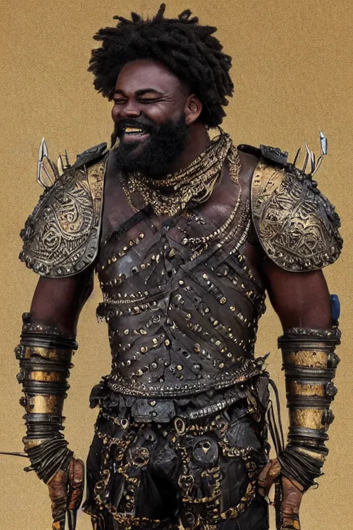 Prompt: portrait of a young African American rugged young man, thick black beard, big muscles, big smile. intricate bronze armour decorated with with gems. Engraved with a tree. cinematic lighting, highly detailed, full body shot. Movie poster.