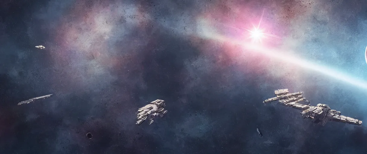 Prompt: illustration, a single small spaceship, deep space exploration, alone, the expanse tv series, industrial design, battlestar galactica tv series (2004), cinematic lighting, 4k, greebles, widescreen, wide angle, sharp and blocky shapes, hubble photography, the final frontier, beksinski, neon lights