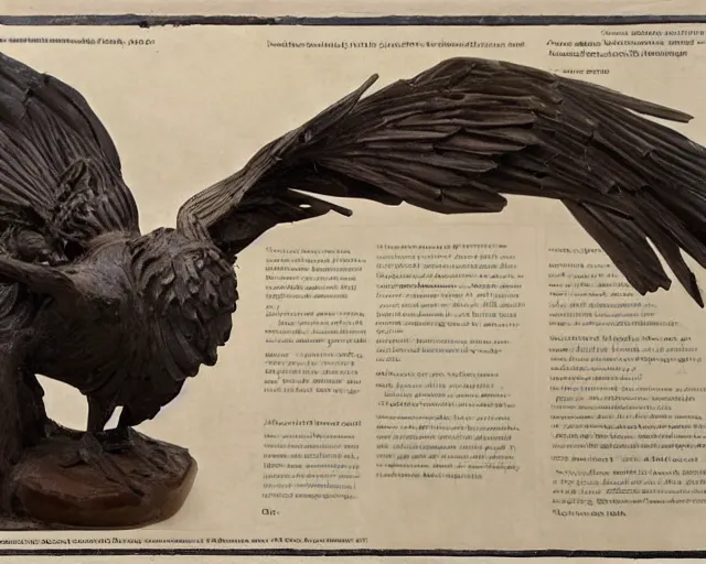 Prompt: a history textbook page that's showing 'wooden table holding ancient clay sculpture of a raven', clay sculpture, photograph, zoomed out, trending on tumblr