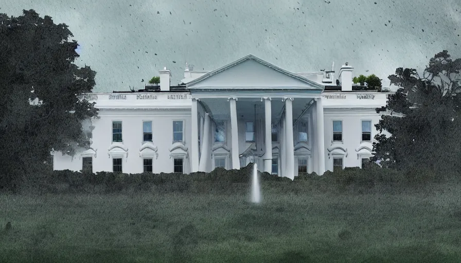 Prompt: abandoned damaged burning white house covered by vegetation at rainy day, grey sky, muddy ground, hyperdetailed, artstation, cgsociety, 8 k