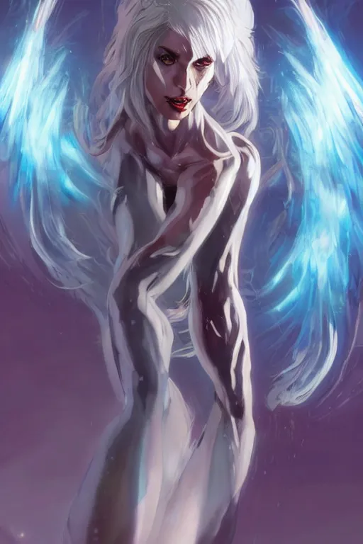 Image similar to comic art, a gorgeous beautiful female with white hair long legs standing at a dimensional gateway,full character design,8k,art by Stanley Artgermm,Travis Charest,trending on Artstation,face enhance,hyper detailed,full of colour,cinematic,dynamic lighting