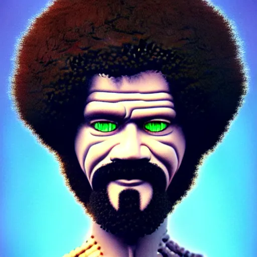 Image similar to bob ross chia pet with extremely large and intricate eye cyberpunk bionics with angry blue eyes and slim features looking askance, eye cyberpunk bionics, retro futurist style, intricate, elegant gleaming intricate baroque jewelry, angelic halo, highly detailed, digital painting, artstation, concept art, smooth, sharp focus, illustration, art by wlop, ravelo and rutkowski