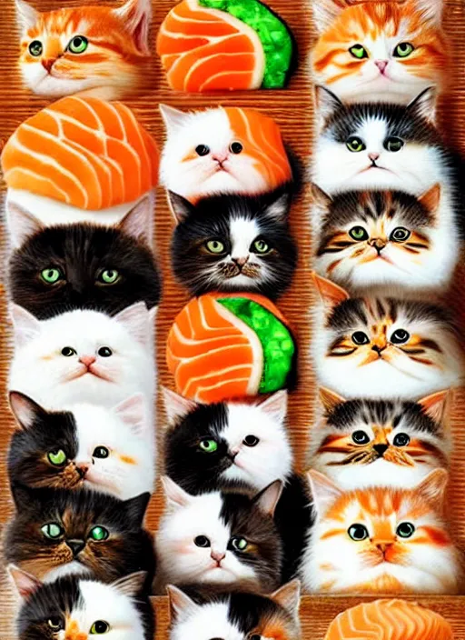 Image similar to clear photorealistic picture of adorable cats made out of sushi