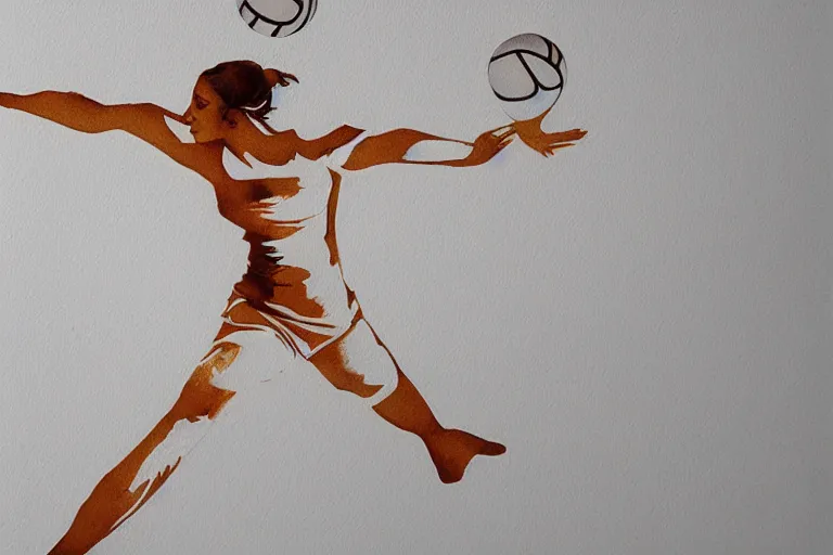 Image similar to beautiful serene volleyball player, healing through motion, life, minimalistic golden and ink airbrush painting on white background