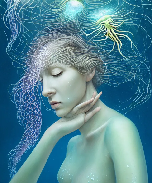 Image similar to underwater portrait of a goddess mermaid with (reaction diffusion) scaled fish skin Bioluminescent phoenix jellyfish, energy rays, Her breath shot a haze of steam out into the frosty morning air concept, soft light, soft mood, realistic body features and face, illustration,intricate ornament halo, painting oil on canvas by Elena Zhurikhina and Goro Fujita and Charlie Bowater, octane render trending on artstation, 4k, 8k, HD