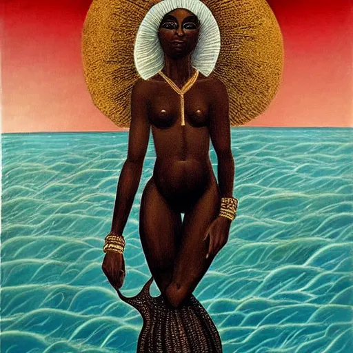 Prompt: full body painting Botticelli Black African goddess rising from the sea