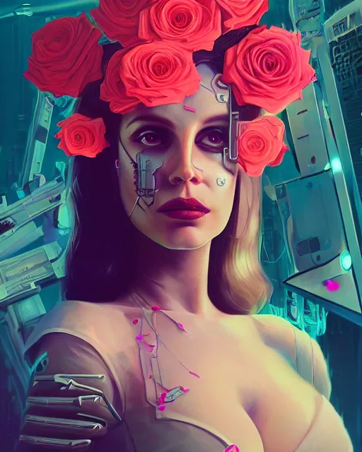 Image similar to portrait of lana del rey as a cyberpunk cyborg. sci - fi intricate abstract upper body intricate artwork, roses, rose petals by tooth wu, wlop, beeple, dan mumford. concept art, octane render, trending on artstation, greg rutkowski, asymmetrical, cinematic arthouse, key art, hyper realism, iridescent accents