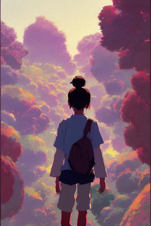 Image similar to a colorful portrait of a student rear view, morning, by studio ghibli painting, superior quality, masterpiece, traditional Japanese colors, by Grzegorz Rutkowski, concept art