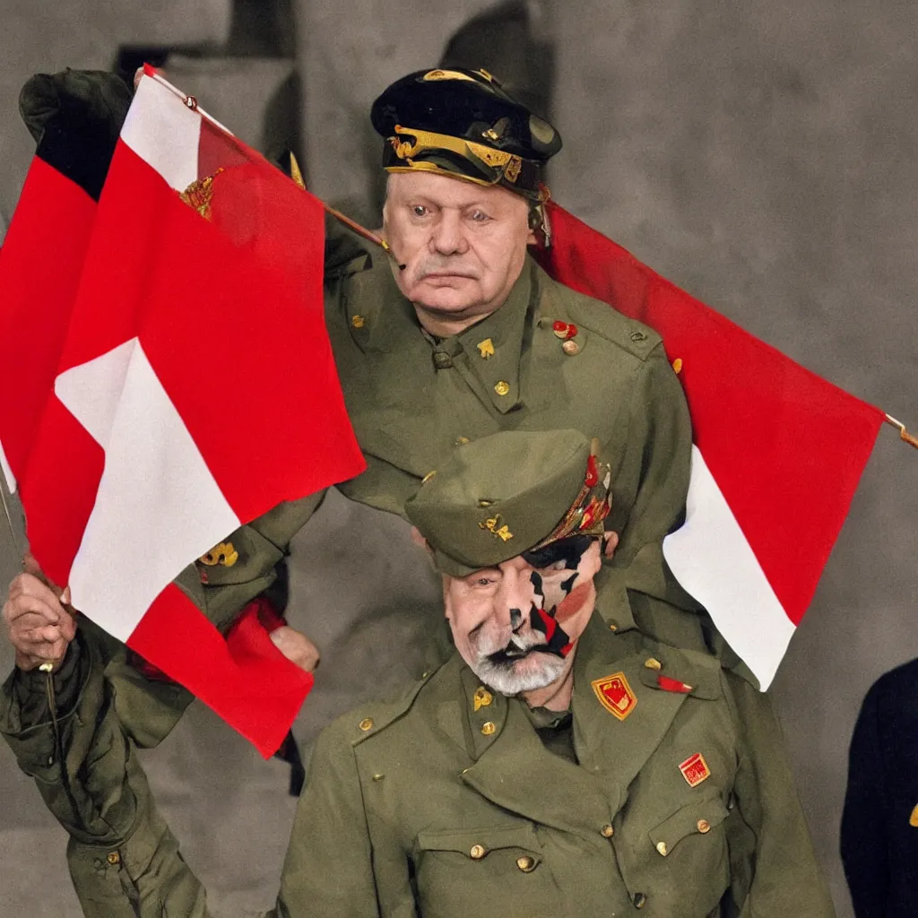 Prompt: Jaroslaw Kaczynski wearing a german uniform with a Polish flag on his left and a communist flag on his right