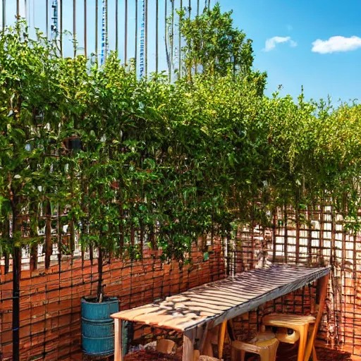 Image similar to fenced in garden, orange brick fence, wood fired bbq and wooden table covered by trellis with vines, bright sunny day, blue skies, no clouds, artistic rendering 8k