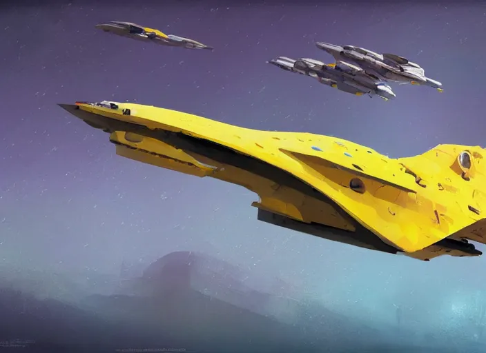 Prompt: a painting of a futuristic yellow submarine plane flying through the sky, concept art by Ian McQue, cgsociety, retrofuturism, artstation hq, concept art, sci-fi