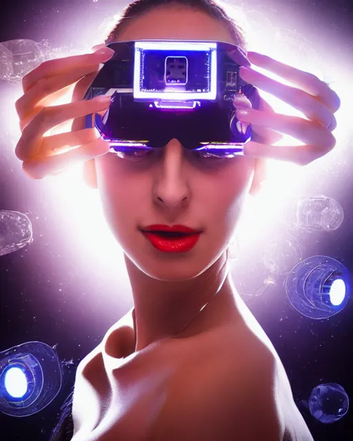 Image similar to centered portrait of seductive young sabrina salerno as a solarpunk mecha humanoid robotic parts wearing crystal goggles with bright led lights, real human face, pudica gesture bouguereau style, in white room, ultra - realistic and intricate, soft portrait shot 8 k