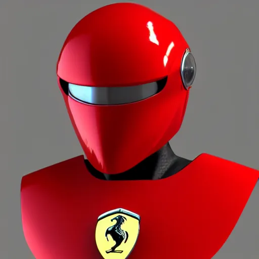 Image similar to Tokusatsu character based on Ferrari, red mechanical skinny body, chest plate with Ferrari logo, stylized motorcycle helmet, unreal engine, 3D model