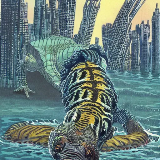 Image similar to a hybrid animal half crocodile and half tiger, futuristic city scape, rule of thirds, painting by moebius