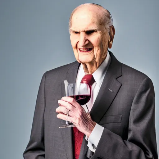 Prompt: photo of Russell M Nelson in a suit having a drink of wine, pr photo shoot, pristine and clean, 85mm lens,