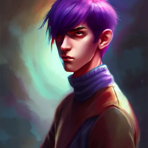 Image similar to colorful and festive captivating teenager boy with straight purple hair, purple eyes with red eye markers, slim body, wearing japanese combat clothes. rich vivid colors, ambient lighting, dynamic lighting, 4 k, atmospheric lighting, painted, intricate, highly detailed by charlie bowater