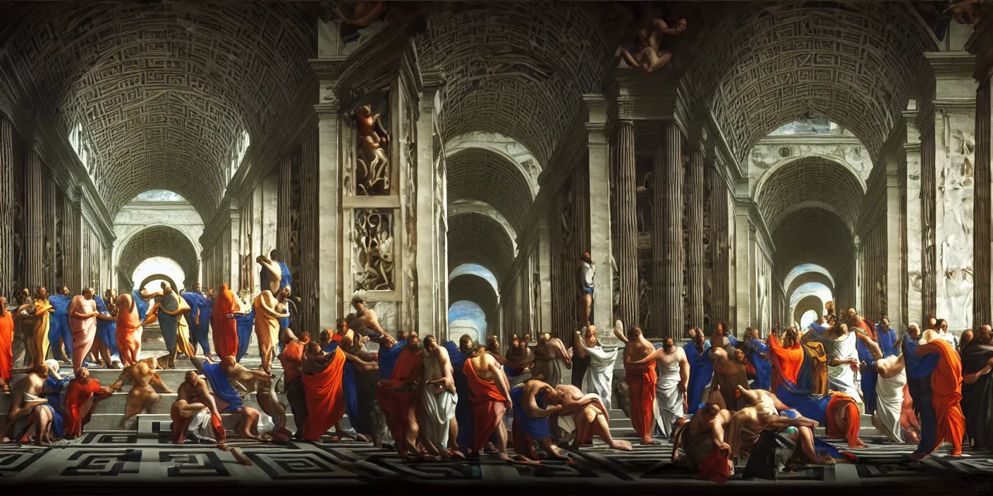 Prompt: the school of athens paiting, cyberpunk, hyper detailed, neon, concept art, award winning concept art