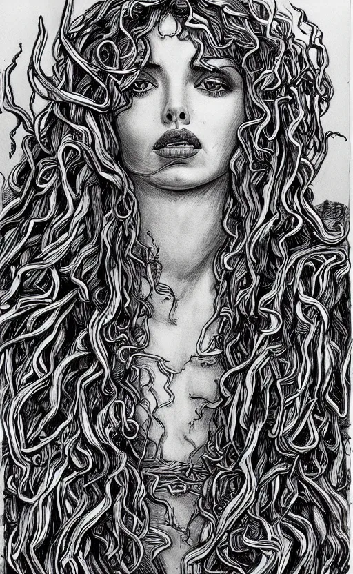 Prompt: ana de armas as medusa from greek mythology, ink drawing, hyperdetailed, 8 k realistic, trending on artstation, by alphonso dunn