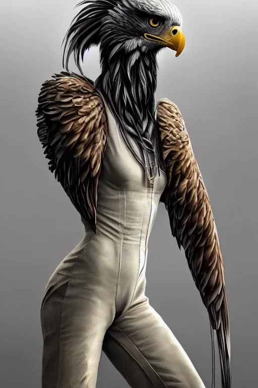 Prompt: epic professional digital art of sitting female human - eagle hybrid wearing human air force jumpsuit, feathered head, eagle beak, sitting, sitting, by lisa roet, reyna rochin, ignacio fernandez rios, leesha hannigan, wayne haag, artstation, cgsocietywlop, epic, much wow, much detail, gorgeous, detailed, 4 k