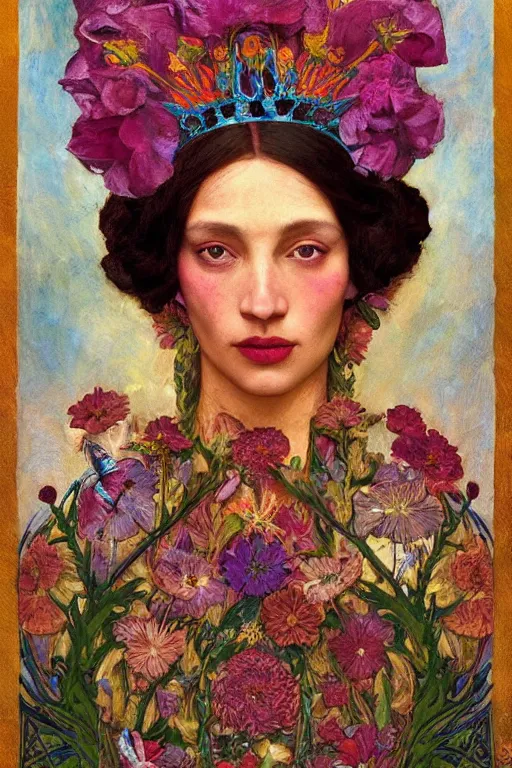 Image similar to queen of flowers, by Annie Swynnerton, and Tino Rodriguez and Nicholas Roerich, elaborate headdress and embroidered velvet, iridescent beetles, rich color, dramatic cinematic lighting, extremely detailed, featured on artstation