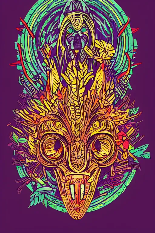 Image similar to animal mask totem roots flower tribal feather gemstone plant wood rock shaman vodoo video game vector cutout illustration vivid multicolor borderlands comics by josan gonzales and dan mumford radiating a glowing aura