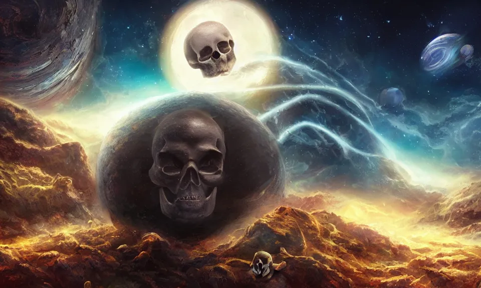 Prompt: a planet in the shape of a skull with fangs, game key art, galaxy background, digital art by Thomas Kinkade