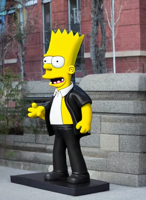 Image similar to bart simpson in business suit, statue standing on street