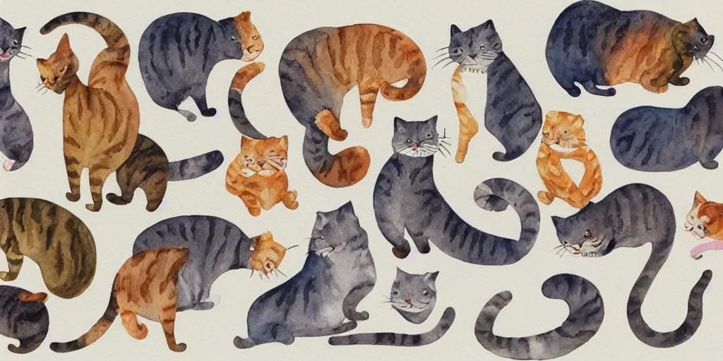 Prompt: group of funny cats select a different type of project before start design production, watercolor illustration