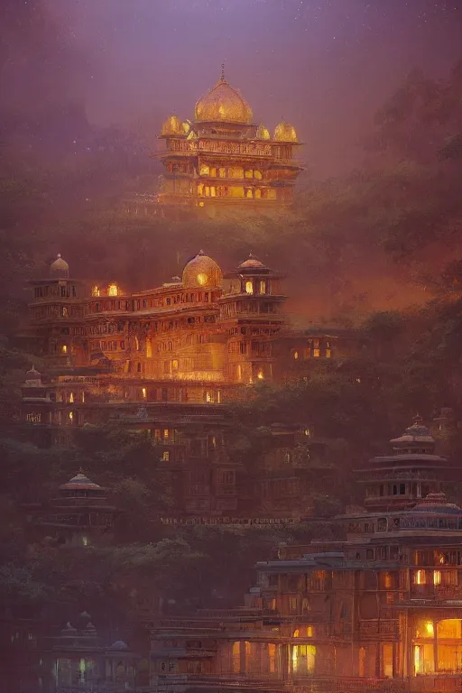 Image similar to old indian city with a breathtaking view of a magnificent maharajah palace at pink dawn, intricate, elegant, volumetric lighting, digital painting, highly detailed, artstation, sharp focus, illustration, concept art, ruan jia, steve mccurry