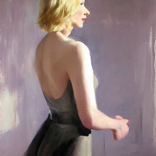 Image similar to cate blanchett in low-cut blouse in front of a mirror, painting by Vladimir Volegov