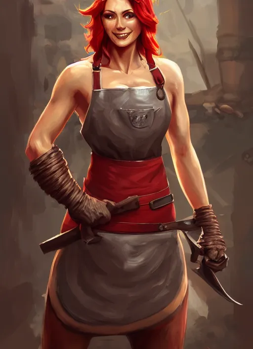 Prompt: a highly detailed illustration of fierce red haired blacksmith woman wearing apron, muscular, dramatic smile pose, intricate, elegant, highly detailed, centered, digital painting, artstation, concept art, smooth, sharp focus, league of legends concept art, wlop.