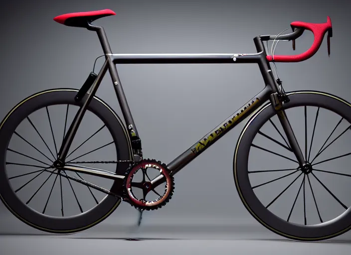 Prompt: prompt : hyperreal 8 k photo of yamaguchi 3 reshno samson njs fixed gear olympic bike frameset, photo realistic hyper real, 1 4 4 bcd, track bike, intricate photograph, product photography, picture of track bike, steel bike, engineering, track bike, carbon details, steel frame, pedalroom build