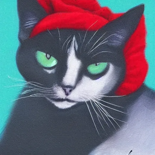 Image similar to A cat with red eyes smoking weed and wearing a beanie, photorealistic art