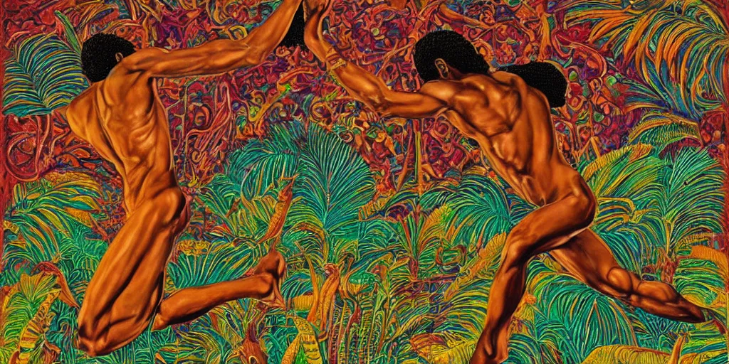 Image similar to an abstract tropical landscape, portrait of a dark - skinned greek god dancing. 2 4 mm, photorealistic, directed by mati klarwein