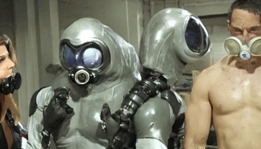 Prompt: big budget tv show where a muscular male cyborg in a gas mask and rubber suit rips off an alien's head