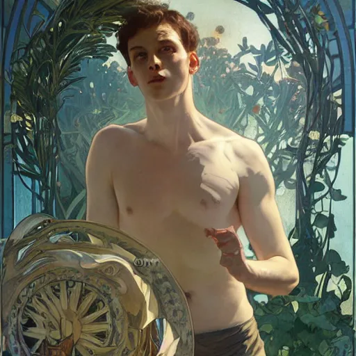 Prompt: ultra realistic illustration of apollo and hyacinthus, full body, male body, elegant study, poster art greg rutkowski and alphonse mucha