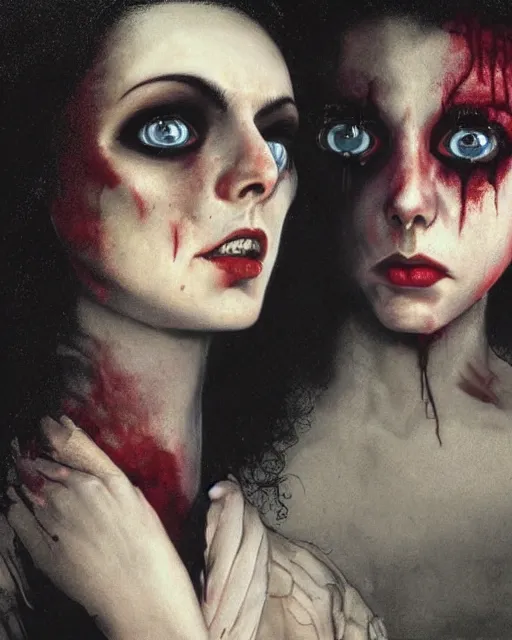 Image similar to two handsome but sinister, creepy young nonbinary people in layers of fear, with haunted eyes and wild hair, 1 9 7 0 s, seventies, wallpaper, a little blood, moonlight showing injuries, delicate embellishments, painterly, offset printing technique, by john howe, brom, robert henri, walter popp