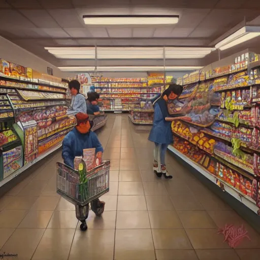 Prompt: a beautiful painting of a pristine and sterile supermarket grocery store, representative of the art style of artgerm and wlop and peter mohrbacher, portrait