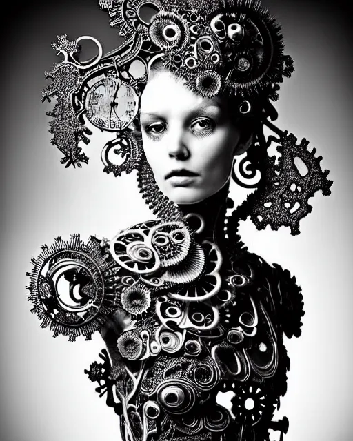 Image similar to surreal black and white photo portrait of complex bio-mechanical beautiful young female vegetal-cyborg with a Mandelbrot fractal steampunk metal fine lace face, curled silver hair and a fine metal floral foliage super big lace collar by Alexander McQueen:: high fashion, haute couture, rococo, steampunk, silver filigree details, anatomical, facial muscles, cable wires, microchip, elegant, hyper realistic, 150 mm lens, soft rim light, octane render, unreal engine, volumetric lighting, 8k,