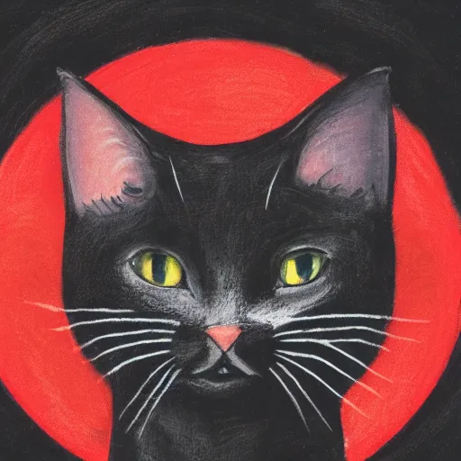 Prompt: a female black cat with red eyes and a crescent moon symbol in her forehead