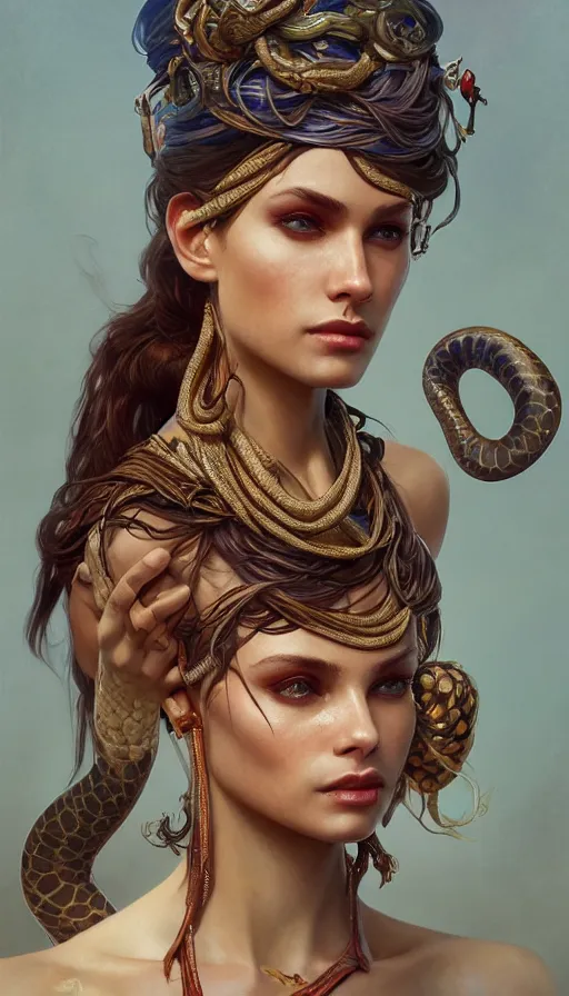 Prompt: snake charmer, passionate , seductive, sweaty, intricate fashion clothing, insane, intricate, highly detailed, digital painting, artstation, concept art, smooth, sharp focus, illustration, Unreal Engine 5, 8K, art by artgerm and greg rutkowski and alphonse mucha