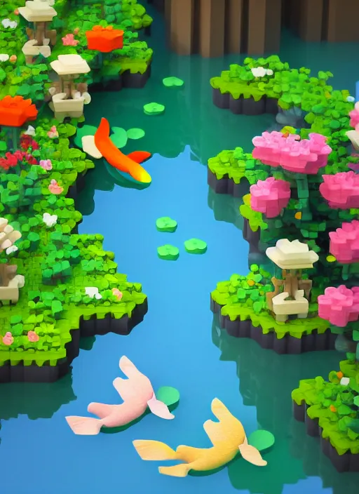 Image similar to Amazon pastel cute voxel art of a koi pond, behance, artstation, cute, Japanese, 3d render, unity, beautiful lighting, extremely beautiful, Huang Guangjian and Gil Elvgren and Sachin Teng , Greg Manchess