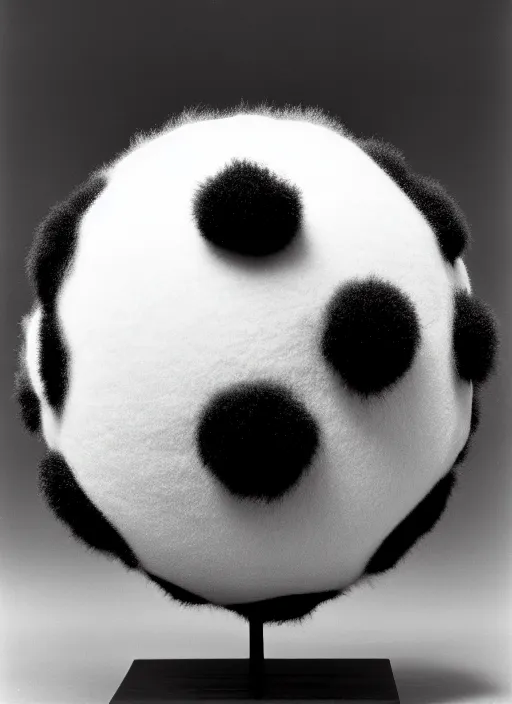 Image similar to realistic photo of a scientific model of an ugly rough fluffy hairy molecule globe made of black clay covered with white dots with wooden details, front view 1 9 9 0, life magazine reportage photo, metropolitan museum photo