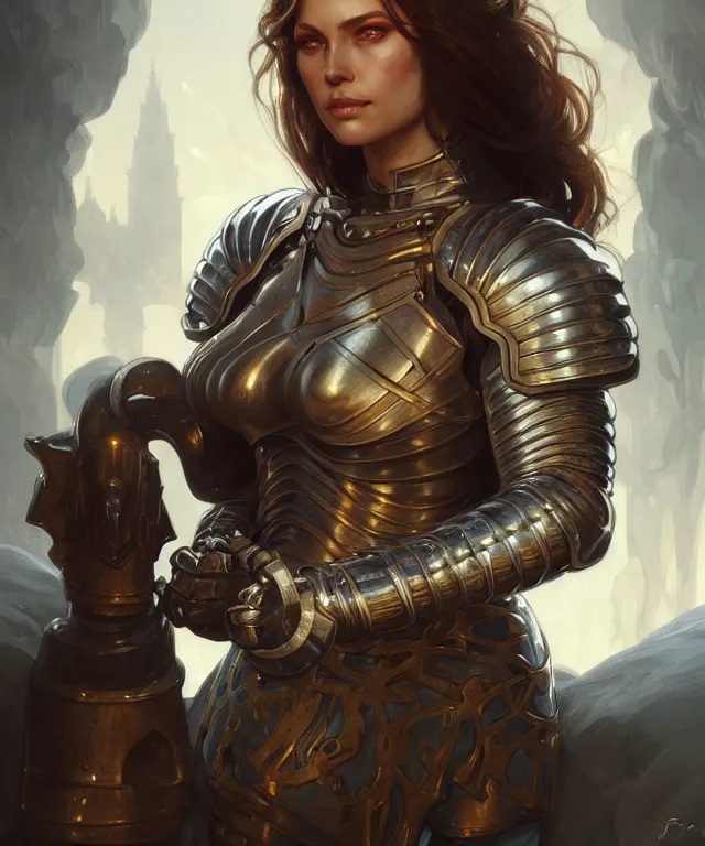 Image similar to Muscular and powerful medieval knight woman portrait, sci-fi, amber eyes, face, long hair, fantasy, intricate, elegant, highly detailed, digital painting, artstation, concept art, smooth, sharp focus, illustration, art by artgerm and greg rutkowski and alphonse mucha