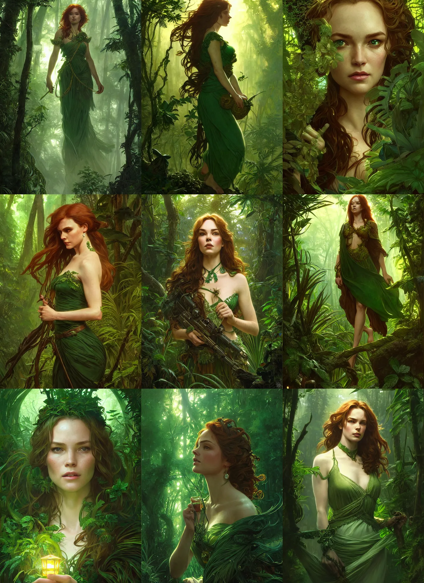 Image similar to an evocative portrait of the emerald herald in tropical forest, tone mapped, shiny, intricate, cinematic lighting, highly detailed, digital painting, artstation, concept art, smooth, sharp focus, illustration, art by terry moore and greg rutkowski and alphonse mucha